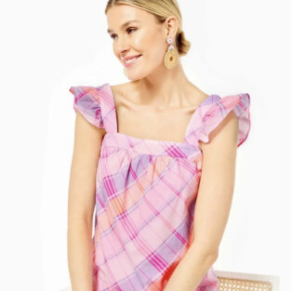 Lilly Pulitzer NWT Reyna Pink Isle Plaid Madras Top Size M